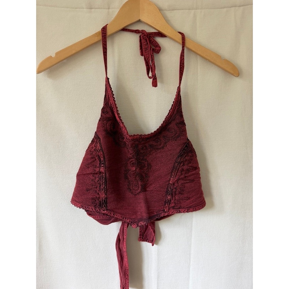 My Choice Embroidered Rayon Halter Top Women One Size Maroon Boho Y2K Vintage